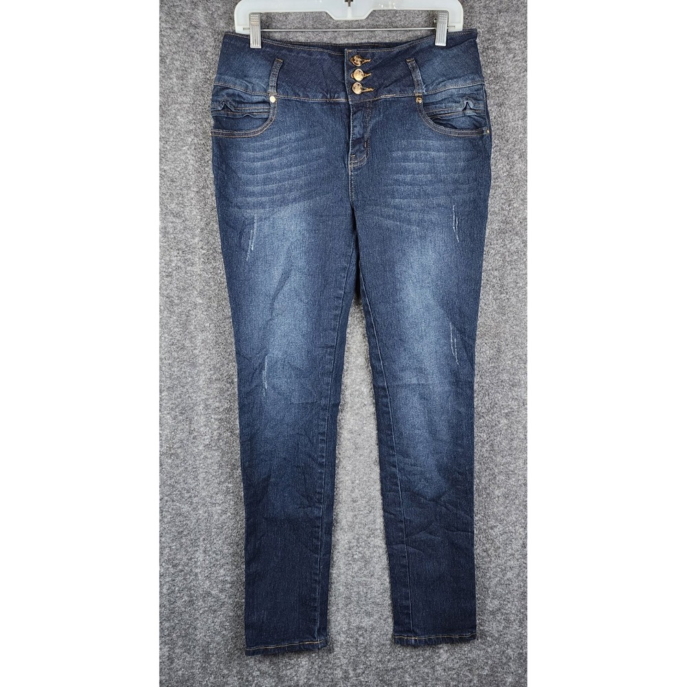 Fashion2Love Skinny Jeans Women 15 Dark Blue High Waist Studded Butt Lifting